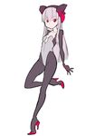  bangs bodysuit collarbone commentary_request electro_alice eyebrows_visible_through_hair flat_chest full_body headgear high_heels ken_(koala) leg_up long_hair looking_at_viewer original pink_hair red_eyes simple_background skin_tight solo white_background 
