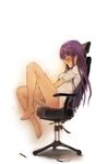  absurdres barefoot blood blush bottomless chair closed_eyes doki_doki_literature_club excessive_pubic_hair feet fingering full_body hair_ornament hairclip highres karambit knife legs long_hair masturbation no_panties office_chair open_mouth paper pen profile pubic_hair purple_hair shina_(be_dulgi) simple_background sitting soles sweater white_background wrist_cutting yuri_(doki_doki_literature_club) 