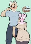  2018 anthro bear big_butt big_penis blue_eyes blush brown_eyes butt canine clothed clothing duo embarrassed female fur jeans leggings legwear lilly_(silverboltbw) logan_(silverboltbw) male mammal one_eye_closed pants penis pink_fur salute shirt silverboltbw size_difference smaller_female smile sweater sweater_dress thick_thighs voluptuous wink wolf 