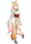  animal_ears blonde_hair blush breasts closed_mouth commentary_request eyebrows_visible_through_hair fox_ears fox_tail full_body green_eyes highres japanese_clothes kimono large_breasts long_hair long_sleeves looking_at_viewer obi original platform_footwear sandals sash shoulder_cutout simple_background solo solopipb standing tabi tail white_background white_legwear wide_sleeves 