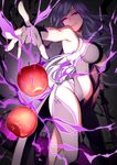  absurdres apple breasts fingerless_gloves food forute_na fruit garter_straps gloves highres large_breasts leotard long_hair looking_at_viewer magic nail_polish original panties parted_lips purple_eyes purple_nails purple_panties revealing_clothes shinigami silver_hair smile solo strapless strapless_leotard thighhighs underwear very_long_hair 