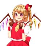  ascot bad_id bad_pixiv_id blonde_hair blush bow broken broken_heart chocolate chocolate_heart cowboy_shot crying crying_with_eyes_open flandre_scarlet hair_bow heart highres nail_polish one_side_up pink_eyes pointy_ears red_bow red_nails red_vest shiki_(s1k1xxx) short_sleeves simple_background solo tears touhou valentine vest wavy_mouth white_background wings wrist_cuffs yellow_neckwear 