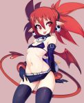 1girl blush commentary cowboy_shot demon_girl demon_tail demon_wings disgaea earrings elbow_gloves english_commentary erect_nipples etna eyebrows_visible_through_hair flat_chest gloves highres jewelry long_hair looking_at_viewer makai_senki_disgaea mini_wings navel pink_background pointy_ears red_eyes red_hair red_wings ribs shiny shiny_hair shiny_skin simple_background skirt skull skull_earrings slugbox solo standing tail tongue tongue_out wings 
