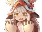  3: animal_ears commentary_request ears_through_headwear eyebrows_visible_through_hair furry grey_hair hat highres horizontal_pupils horns made_in_abyss nanachi_(made_in_abyss) paws ria_(efikrisia) simple_background solo sweatdrop topless upper_body white_background yellow_eyes 