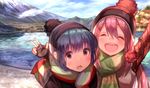  :d ^_^ arm_up beanie black_gloves blue_hair blush closed_eyes cloud day denchu_(kazudentyu) fingerless_gloves gloves hair_between_eyes hat head_tilt highres kagamihara_nadeshiko long_hair looking_at_viewer mountain multicolored multicolored_clothes multicolored_scarf multiple_girls open_mouth outdoors pink_eyes pink_hair pond scarf shima_rin smile w water yurucamp 