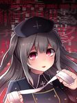  bandages commentary_request eyebrows_visible_through_hair grey_hair hat highres horror_(theme) jacket long_hair long_sleeves looking_at_viewer minai_karte neit_ni_sei nurse_cap open_mouth red_eyes smile solo translation_request twintails upper_body virtual_clinic virtual_youtuber 