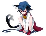  alternate_costume animal_ears arms_between_legs bad_id bad_pixiv_id black_hair blue_hat blush blush_stickers bow bowtie chen commentary_request hair_between_eyes hat highres ikurauni looking_at_viewer multicolored multicolored_clothes red_eyes red_footwear short_hair solo tail touhou white_background 