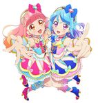 aikatsu!_(series) aikatsu_friends! aqua_bow blue_bow blue_dress blue_footwear blue_hair bow choker curly_hair dress earrings eyebrows_visible_through_hair heart high_heels holding_hands idol_clothes interlocked_fingers jewelry long_hair looking_at_viewer minato_mio multicolored_hair multiple_girls official_art open_mouth orange_hair outstretched_hand pink_bow pink_dress pink_footwear pink_hair pointing pointing_at_viewer purple_eyes purple_hair short_eyebrows smile white_background wrist_cuffs yellow_eyes yuuki_aine 