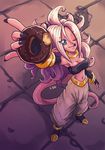  2018 alien android_21 bandeau blue_eyes breasts clothing colored_nails doughnut dragon_ball dragon_ball_fighterz female food footwear hair high_heels humanoid livio3d long_hair majin majin_android_21 navel not_furry pink_body pink_skin shoes signature solo tongue white_hair 