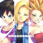  &gt;:) android_18 black_hair black_shirt blonde_hair blue_eyes breasts caulifla copyright_name dragon_ball dragon_ball_super dragon_ball_z earrings eply eyebrows_visible_through_hair eyelashes frown green_eyes jewelry looking_at_viewer medium_breasts multiple_girls pink_tank_top purple_shirt shirt short_hair simple_background smile spiked_hair super_saiyan_2 tank_top v-shaped_eyebrows videl waistcoat white_background white_shirt 