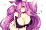  animal_ears black_choker blue_eyes blush bra breasts choker cleavage closed_mouth detached_sleeves fang fox_ears fox_tail hair_over_one_eye heart kuro_kitsune kurona_reole lace lace-trimmed_bra large_breasts lavender_hair long_hair looking_at_viewer original shiny shiny_hair skull smile tail underwear upper_body very_long_hair white_background 