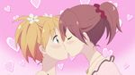  2girls animated animated_gif blonde_hair blush canon dress embarrassed green_eyes haiir_ornament hairclip happy kiss long_hair multiple_girls official pigtails pink_hair sakura_trick short_hair smile sonoda_yuu takayama_haruka yuri 