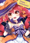  :d bad_id bad_pixiv_id basket black_gloves blush bow breasts candy capelet cleavage cross cross_earrings earrings english eyebrows_visible_through_hair fang food gloves hair_between_eyes halloween happy_halloween hat highres holding jewelry leaning_to_the_side lollipop looking_at_viewer medium_breasts open_mouth orange_eyes original red_hair sanotsuki smile solo sparkle speech_bubble star striped striped_bow twintails witch witch_hat 