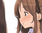  :o blurry blurry_foreground brown_hair collared_shirt commentary_request depth_of_field earrings from_side green_eyes hair_ornament hairclip jewelry kaisen_chuui long_hair original profile shirt sideways_mouth simple_background solo_focus white_background white_shirt wing_collar 