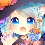  :d :o animal_ears bangs blue_background blue_eyes blush bow candy claw_pose eyebrows_visible_through_hair fingernails food food_themed_hair_ornament hair_ornament hairclip halloween hat lollipop looking_at_viewer nail_polish open_mouth original portrait pumpkin_hair_ornament purple_nails sanotsuki smile solo star star_hair_ornament striped striped_bow swept_bangs swirl_lollipop v-shaped_eyebrows witch witch_hat 