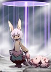  animal_ears creature furry highres holding_hands made_in_abyss mitty_(made_in_abyss) nanachi_(made_in_abyss) red_eyes short_hair topless uchuu_ika whiskers white_hair yellow_eyes 