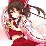  arm_up ascot bangs blush bow brown_eyes brown_hair closed_mouth detached_sleeves eyebrows_visible_through_hair hair_between_eyes hair_bow hair_tubes hakurei_reimu holding long_hair looking_at_viewer lowres midriff nagisa3710 navel ofuda red_bow red_skirt ribbon-trimmed_sleeves ribbon_trim shide sidelocks skirt smile solo talisman touhou upper_body wide_sleeves 