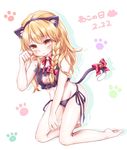  animal_ears bare_arms bare_shoulders bell black_panties blonde_hair blush bow braid breasts cat_cutout cat_day cat_ears cat_lingerie commentary_request dated eyebrows_visible_through_hair fake_animal_ears fake_tail groin hair_bow highres jingle_bell kirisame_marisa kneeling long_hair looking_at_viewer medium_breasts meme_attire midriff neck_ribbon panties paw_print red_bow red_neckwear red_ribbon ribbon side-tie_panties simple_background single_braid solo tail tail_bow touhou translation_request underwear white_background yellow_eyes yuria_(kittyluv) 
