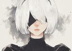  black_blindfold black_hairband blindfold facing_viewer hairband juliet_sleeves lips long_sleeves mole mole_under_mouth nier_(series) nier_automata parted_lips puffy_sleeves short_hair solo tae turtleneck white_hair yorha_no._2_type_b 