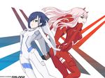 aqua_eyes back-to-back blue_hair bodysuit breasts cameltoe commentary_request darling_in_the_franxx fang green_eyes hair_ornament hairband hairclip holding_hands horns ichigo_(darling_in_the_franxx) kazuoki long_hair looking_at_viewer multiple_girls pilot_suit pink_hair red_bodysuit short_hair skin_tight straight_hair white_bodysuit zero_two_(darling_in_the_franxx) 