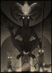  2018 anthro baphomet black_border border canine caprine card chain crouching demon dipstick_ears disney featureless_crotch female fire fox glowing glowing_eyes goat horizontal_pupils horn judy_hopps lagomorph looking_at_viewer male mammal membranous_wings monochrome multi_horn nick_wilde nude parody pentagram rabbit shackles standing tarot_card thewyvernsweaver wings zootopia 