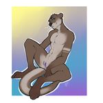  2016 4_toes abstract_background anthro bambii_dog black_nose blue_eyes brown_fur clitoris countershading cuntboy digital_media_(artwork) fur gemini_the_otter hi_res intersex mammal mustelid navel navel_piercing otter piercing purple_pussy pussy sitting smile solo spread_legs spreading toes whiskers 