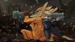  2018 anthro back_to_back barefoot belt canine clothed clothing collar crouching disney duo female fox green_eyes gun handgun holding_object holding_weapon ittybittykittytittys judy_hopps lagomorph male mammal nick_wilde pistol police_uniform prison_uniform purple_eyes rabbit ranged_weapon rocket_launcher shock_collar signature silencer smile standing uniform utility_belt weapon zootopia 