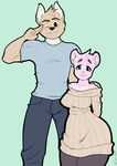  2018 anthro bear big_butt blue_eyes brown_eyes butt canine clothed clothing duo female fur jeans leggings legwear lilly_(silverboltbw) logan_(silverboltbw) male mammal one_eye_closed pants pink_fur salute shirt silverboltbw smile sweater_dress thick_thighs voluptuous wink wolf 