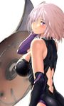  arm_at_side ass back back_cutout bangs bare_shoulders black_gloves black_leotard blurry bokeh breasts closed_mouth commentary_request cowboy_shot depth_of_field elbow_gloves eyebrows_visible_through_hair fate/grand_order fate_(series) from_side gloves gorget hair_between_eyes halterneck hand_in_hair hand_up highres impossible_clothes impossible_leotard large_breasts leotard light_smile looking_at_viewer looking_back looking_to_the_side mash_kyrielight multicolored multicolored_clothes multicolored_gloves parted_bangs pekoneko purple_eyes purple_gloves revision shield short_hair sideboob simple_background smile solo standing turtleneck white_background white_hair 