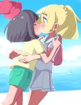  2girls beach black_hair blonde_hair blush deathroling female hat highres kiss lillie_(pokemon) mizuki_(pokemon_sm) multiple_girls outdoors pokemon pokemon_(game) pokemon_sm skirt yuri 