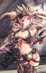  arm_up armor armpits axe belt bikini_armor blonde_hair breasts cleavage commentary_request cowboy_shot fur_trim gauntlets glowing hand_up helmet highres holding holding_weapon horned_helmet looking_at_viewer medium_breasts monster_hunter monster_hunter:_world navel nergigante_(armor) parted_lips red_eyes smile solo spikes standing stomach thighhighs underboob weapon weapon_on_back zi-dabu 