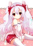  :o animal_ears azur_lane bangs between_legs blush bunny_ears collarbone commentary_request eyebrows_visible_through_hair fuuna_thise hair_between_eyes hair_ornament hairband hand_between_legs jacket laffey_(azur_lane) long_hair long_sleeves looking_at_viewer off_shoulder open_clothes open_jacket parted_lips pink_jacket pleated_skirt red_eyes red_hairband red_skirt silver_hair sitting skirt sleeves_past_wrists solo star strap_slip thighhighs twintails very_long_hair white_camisole white_legwear 