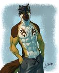  2018 abs anthro beard biceps black_hair black_nose body_hair brown_eyes brown_fur canine chest_hair clothed clothing dog eyebrows facial_hair feralise fur german_shepherd hair looking_at_viewer male mammal markings multicolored_fur muscular muscular_male neck_tuft pants simple_background smile solo standing tan_fur topless tuft white_fur 
