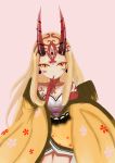  1girl blonde_hair fate/grand_order fate_(series) finger_to_mouth flower_pattern horns ibaraki_douji_(fate/grand_order) japanese_clothes kimono long_hair looking_at_viewer monster_girl oni pink_background simple_background slit_pupils tattoo yellow_eyes 