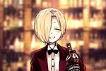  ^_^ alcohol bartender blurry blurry_background blush bottle bow bowtie closed_eyes depth_of_field dokuromaru formal holding holding_bottle idolmaster idolmaster_cinderella_girls jack_daniel's red_suit shirasaka_koume shirt sleeves_past_wrists smile solo the_shining transparent wall_of_text whiskey white_shirt 