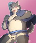  2018 anthro belly black_nose blush bulge canine clothing dog humanoid_hands m_ikky male mammal moobs moritaka navel nipples overweight overweight_male pink_background scar simple_background solo tokyo_afterschool_summoners underwear 