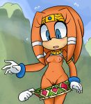  2018 anthro areola assisted_exposure blue_eyes blush breasts clothed clothing clothing_lift disembodied_hand echidna female gloves hearlesssoul hi_res mammal monochrome monotreme nipples open_mouth pussy shirt shirt_lift solo sonic_(series) standing tikal_the_echidna undressing video_games 