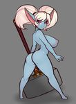  2018 areola big_breasts blonde_hair blue_skin breasts butt female grey_background hair hammer humanoid league_of_legends looking_at_viewer looking_back mammal not_furry nude pointy_ears poppy_(lol) purple_eyes rear_view riot_games scorpdk short_hair short_stack shortstack simple_background smile solo thick_thighs tools video_games weapon white_hair yordle 