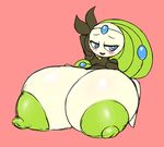  areola big_breasts blue_eyes blush breasts clothed clothing elfdrago female forehead_gem green_hair hair hand_behind_head hi_res huge_breasts humanoid hyper hyper_breasts legendary_pok&eacute;mon looking_at_viewer meloetta meloetta_(aria_form) mostly_nude nintendo nipples not_furry open_mouth open_smile pink_background pok&eacute;mon pok&eacute;mon_(species) pok&eacute;morph pseudo_clothing short_stack simple_background sitting smile solo topless video_games white_skin 