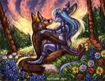  2018 anthro black_nose blue_hair brown_eyes brown_fur canine day detailed_background digital_media_(artwork) duo female flashw fox fur grass hair male mammal nude on_lap outside sky spines unknown_species 