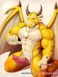  2018 5_fingers abs animal_genitalia anthro biceps brown_horn countershade_torso countershading digital_media_(artwork) dragon erection front_view full-length_portrait genital_slit gloves_(marking) hi_res horn kneeling looking_at_viewer male markings membranous_wings multicolored_scales muscular muscular_male nude obliques ophion orange_eyes patreon pecs pendant penis pink_penis pointing_at_self portrait primodrago quads scales scalie simple_background slit smile smirk solo spikes suspenders tokyo_afterschool_summoners tusks two_tone_scales vein veiny_penis white_countershading white_nose white_scales wings yellow_scales 