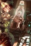  2girls alternate_universe commentary cyborg dishwasher1910 dutch_angle emerald_sustrai highres jaune_arc multiple_girls neon_lights pyrrha_nikos rwby science_fiction sitting standing sword throne weapon 