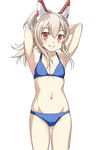  arms_up ass_visible_through_thighs ayanami_(azur_lane) azur_lane bikini blue_bikini cowboy_shot flat_chest grin highres kntrs_(knyrs) long_hair looking_at_viewer navel orange_eyes ponytail silver_hair simple_background smile solo swimsuit white_background 
