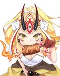  1girl blonde_hair eating fate/grand_order fate_(series) horns ibaraki_douji_(fate/grand_order) japanese_clothes long_hair meat oni simple_background slit_pupils tattoo white_background yellow_eyes 
