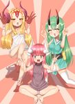  absurdres alternate_costume barefoot blonde_hair blue_eyes breasts cleavage commentary_request curled_horns double_w dragon_horns elizabeth_bathory_(fate) elizabeth_bathory_(fate)_(all) fate/grand_order fate_(series) green_hair highres horns ibaraki_douji_(fate/grand_order) japanese_clothes kimono kiyohime_(fate/grand_order) long_hair looking_at_viewer makano_mucchi multiple_girls no_pants ok_sign oni_horns panties pink_hair pointing pointing_up sitting sleeveless striped striped_panties sunburst sweater_vest tattoo thighhighs underwear w white_legwear yellow_eyes 