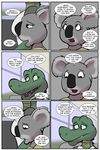  2018 alligator angie_(study_partners) anthro clothed clothing comic crocodilian english_text fangs female green_eyes koala mammal marsupial open_mouth reptile scalie speech_bubble study_partners teeth text thunderouserections young 