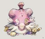  blissey commentary egg elekid fangs full_body fushigi_no_dungeon gen_2_pokemon glitchedpuppet grey_background grin hiding highres holding_egg magby no_humans on_head pokemon pokemon_(creature) pokemon_(game) pokemon_fushigi_no_dungeon pokemon_on_head sad simple_background smile smoochum standing waving 