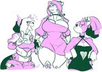  anthro beanie big_breasts breast_size_difference breasts canine clothed clothing ear_piercing equine female group hat horse hybrid jintonic mammal open_mouth piercing scalie smile standing thick_thighs wide_hips 
