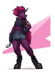 2018 abs anthro anthrofied boots broken_horn bulge chastity chastity_cage clothing dickgirl equine eye_scar footwear gloves horn intersex key krd mammal my_little_pony my_little_pony_the_movie scar shorts solo tattoo tempest_shadow_(mlp) unicorn 