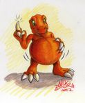  2002 agumon anthro belly big_belly claws digimon dinosaur green_eyes hands_on_belly male nick_bondra overweight simple_background solo 